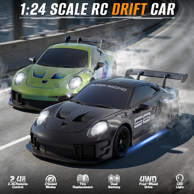 RC Drift Car, 1:24 4WD Remote Control Cars Vehicle with LED Light,2.4GHz 20KM/H High Speed RC Cars with Two Batteries & Drifting Tires Racing Sport Toy for Adults Boys Girls Kids Black