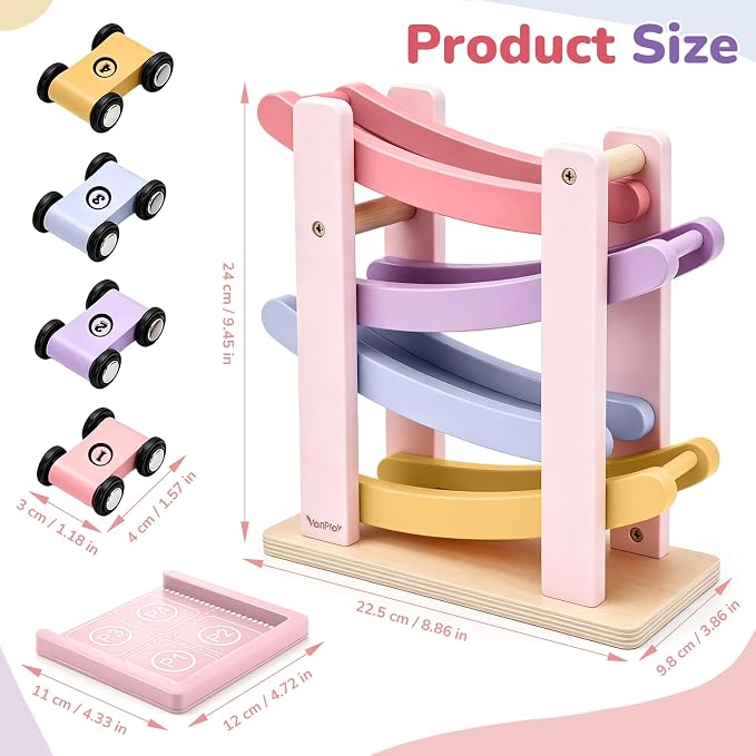 Vanplay Car Ramp Toys for One Year Old Girl Birthday Gifts, Montessori Toys for 1 2 Year Old, Wooden Race Track Truck Toy with 4 Mini Cars, First Christmas Birthday Gifts for Toddler Girl Toys 1-3-2-4