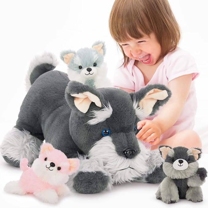 MorisMos Plush Schnauzer Dog Stuffed Animal with Babies, 20'' Big Mommy Dog with 3 Baby Puppy Toys for Kids, Xmax Stuffed Schnauzer Dog Toys for Girl Boy, Lifelike Dog Gifts for Christmas Birthday