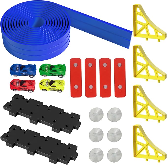 20ft Build Anywhere Portable Race Track with Suction Cups - Flexible Roll-Up Design Fits 1/64 Scale Cars, Portable Toy Gift for Kids 4+ Year Old (2 Tracks/Blue)