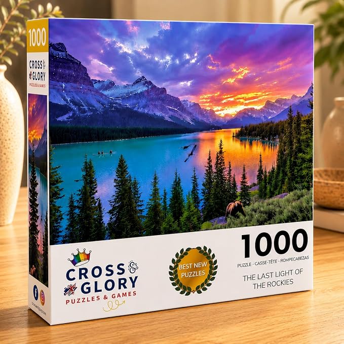 Cross & Glory – The Last Light of the Rockies – 1000 Piece Jigsaw Puzzle for Adults | Canadian Rockies Sunset Landscape with Mountains & Turquoise Lake | Epic Wilderness Puzzle