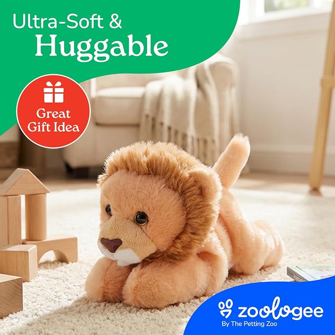 The Petting Zoo Lion Stuffed Animal Plushie, Gifts for Kids, Scoopz Wildlife Animals, Brown Lion Plush Toy, 8 inches
