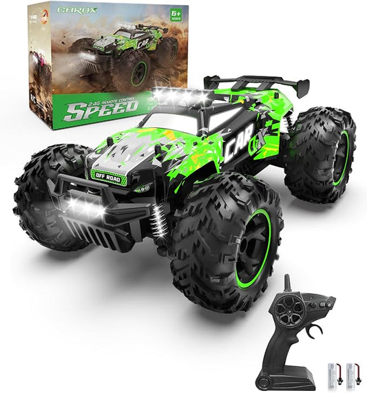 Carox Remote Control Car, 2.4GHz 26KM/H High Speed RC Car, 1:18 Off-Road Monster Truck with LED Lights, Proportional Throttle & 1800mAh Rechargeable Batteries – Ideal Gift for Boys 6+ (GRE)