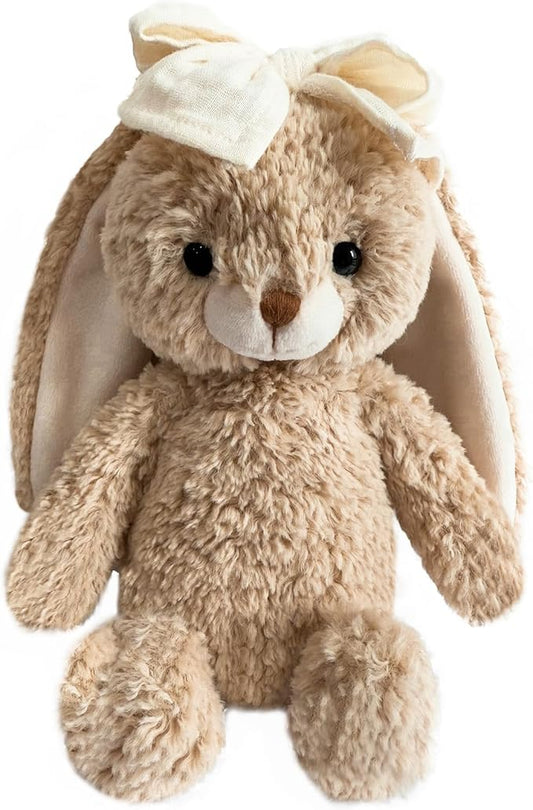 Bunny Stuffed Animal Soft Rabbit Cuddly Toy 8'' Long - Eared Brown Plush Bunny with Cream Bow Plush Toys for Babies and Toddlers