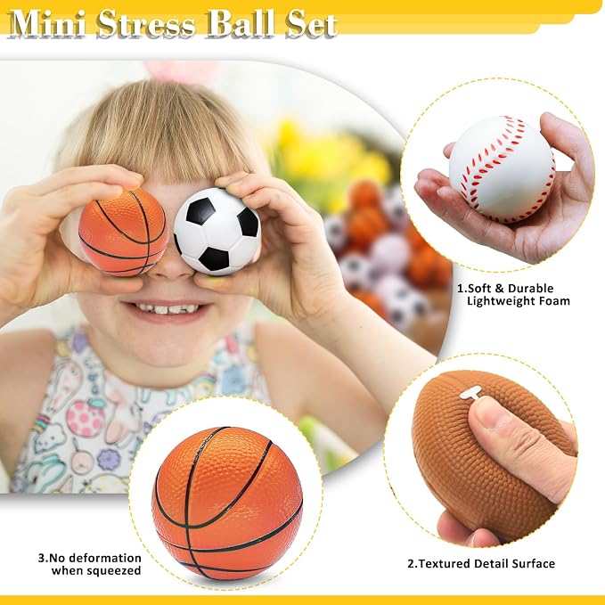 96 Pieces Sports Stress Balls for Kids Mini Footballs Ball, Soccer, Basketball, Baseball Foam Squeeze Stress Balls for Anxiety Relief Relaxation, Sport Party Favor Class Prize Birthday Pet Toys