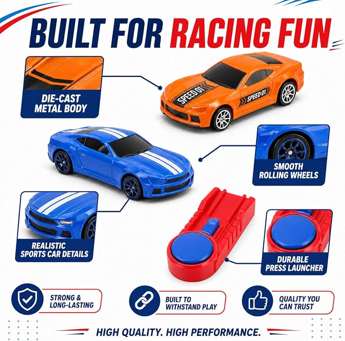Die Cast Toy Cars with Catapult Launcher | 2 die-cast sports cars with a manual press launcher for indoor racing and vehicle-themed play.