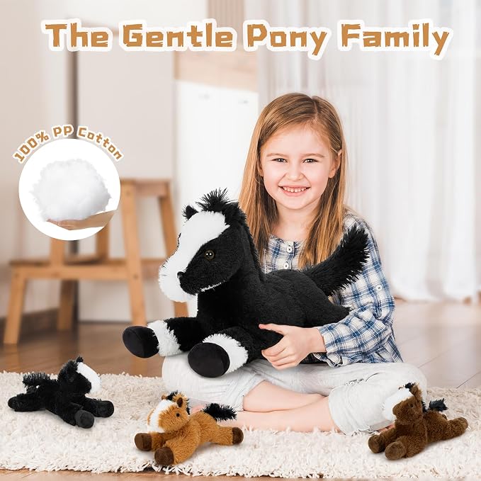 Tezituor 4Pcs Horse Stuffed Animal Set, 21inch Large Stuffed Mommy Horse with 3 Babies Pony Toys for Boys Girls, Black Stuffed Pony Plush Pillow Birthday Party Gift for Kids