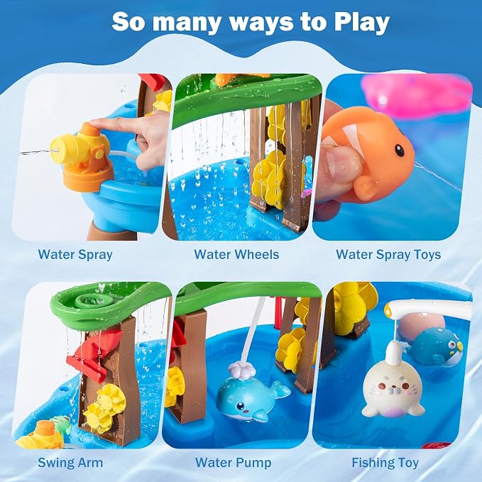 Water Table for Toddlers 3-5 with Umbrella Outdoor Toys for Kids Ages 4-8 Kids Sand Water Table with Fishing Game Set Activity Sensory Table with Water Pump Summer Gift for Kids