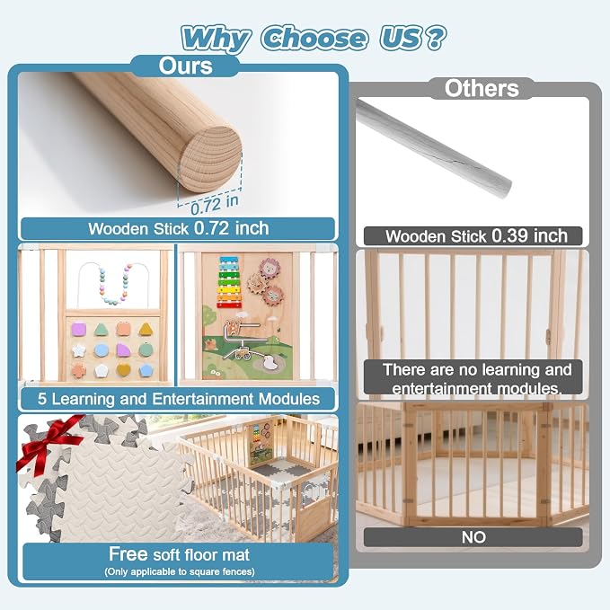 Foldable Wooden Baby Playpen with Mat, Play Yard (56 * 56 * 25 Inch) | Activity Center with Gate, Thickened Wood Adjustable, Easy to Assemble, Birthday Gift for Toddlers