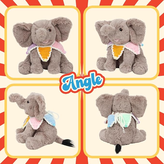Hopearl Adorable Plush Calf Elephant Toy with Colorful Knitted Bib Floppy Elephish Ultra Soft Haggable Stuffed Animal Holiday Birthday Gift for Boys Girls Kids Toddlers, Gray, 9''