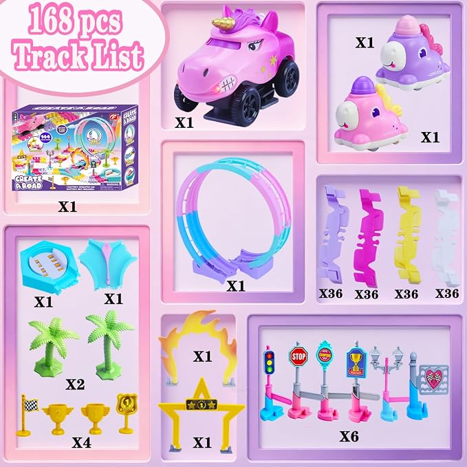 Unicorn Toys Car Race Tracks for Kids, 360° Flexible DIY Magic Racing Monster Tracks Toy with 3 Vehicle, Toddler Toys Birthday Gifts for 3 4 5 6 7 Year Old Girl