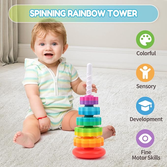 Riuja Baby Spinning Stacking Toys, 1-3 Rainbow Ring Stacker Montessori Toys for Babies, Sensory Toys for Toddlers, Christmas and Birthday Gifts Suitable for Boys and Girls (14 inches)