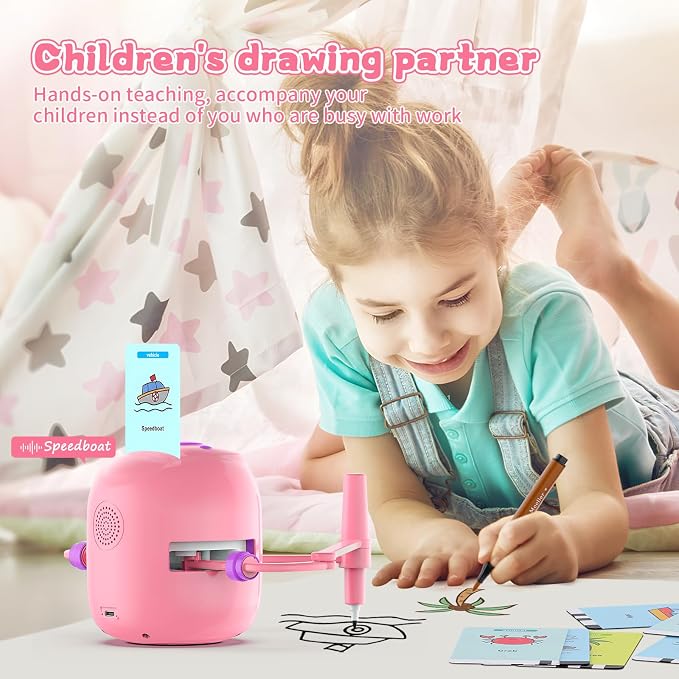 Interactive Educational Drawing Robot for Kids - Montessori Learning Toy with 150 Word Cards, Voice Interaction, Ages 5+ (Pink)