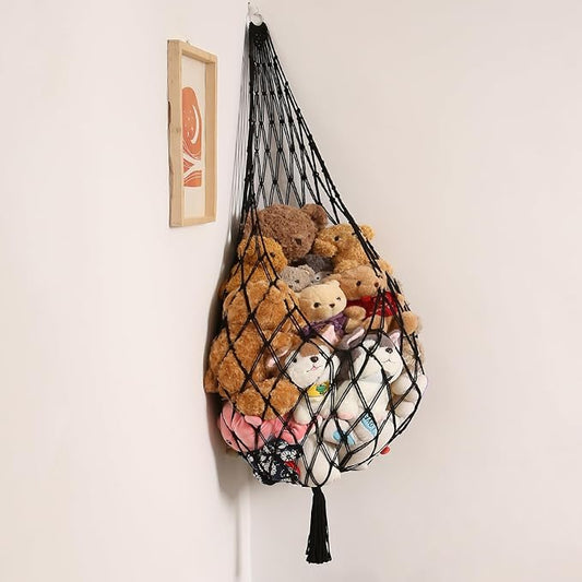 Amdermi Stuffed Animal Hammock Corner Hanging Net for Stuffy Animal Storage Macrame Toy Display Plushie Toy Holder-Perfect for The Tiny Space Walls, Kid Bedroom Decor Playroom Organizer (Black XL)