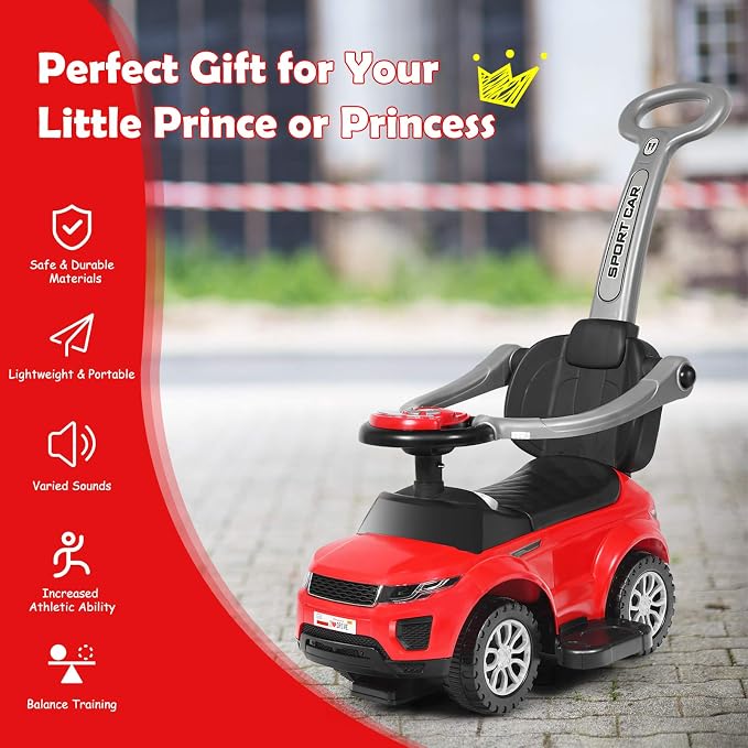 Costzon 3 in 1 Ride on Push Car, Stroller Sliding Walking Car with Horn, Music, Light, Under Seat Storage, Parental Handle, Armrest Guardrails, Ride on Toy for Boys & Girls (Red)