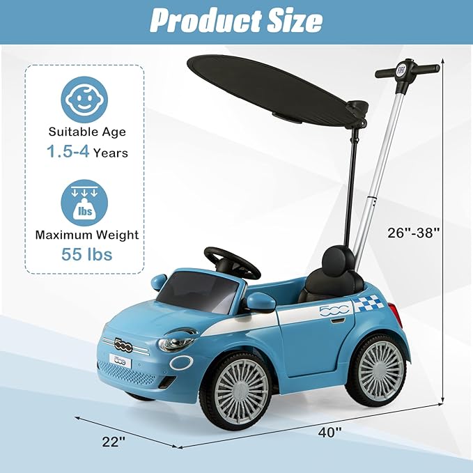 OLAKIDS Push Car for Toddlers, 3 in 1 Licensed Fiat 500e Baby Sliding Walking with Parent Control Handle Adjustable Canopy Footrest, Kids Ride on Toys with Horn for Boys Girls (Blue)