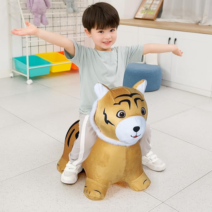 INPANY Tiger Bouncy Hopper Toys for 2 Year Old Boy, Toddlers Plush Inflatable Animal Hopping Horse, Bouncing Buddies, Ride on Rubber Bouncer, Outdoor Indoor Birthday Gifts Toy for 3 4 Yr Girl, Orange