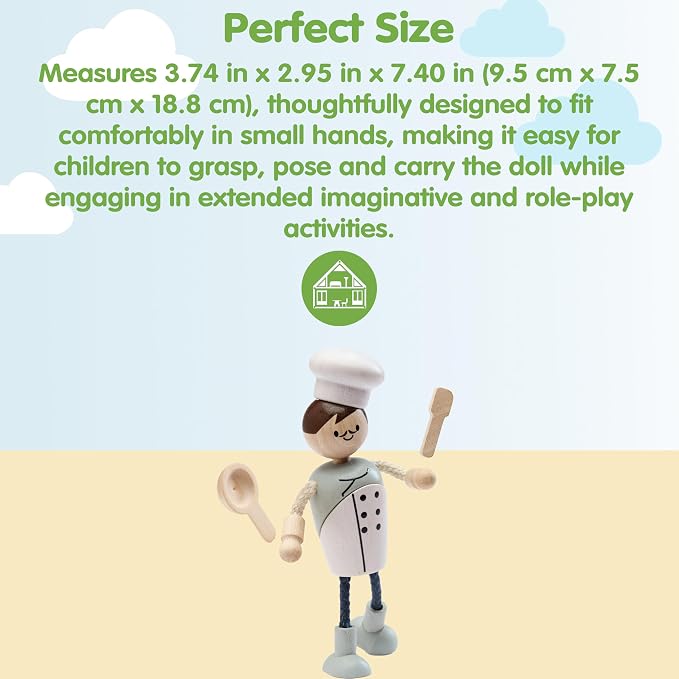 PlanToys® Wooden Chef Doll | Poseable 1:12 Scale Character Figure for Dollhouse Play, Cooking Scenarios & Social Interaction | Eco Friendly Montessori Pretend Play Figure