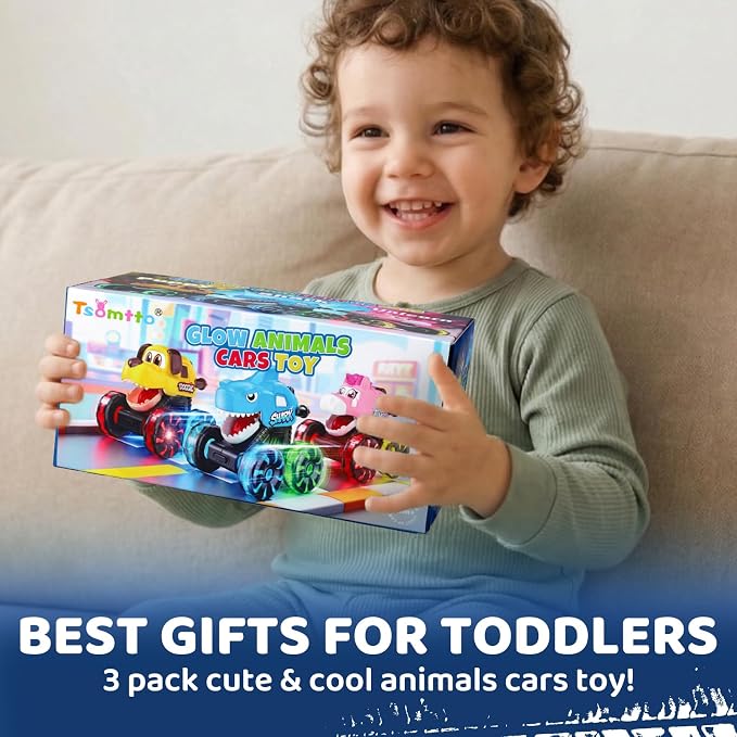 Tsomtto Press and Go Cars Monster Truck Toys Animal Cars for Toddlers, Press and Go Cars Toys for 2 3 Year Old Boys Girls Gift, Light Up Animal Cars for 2 3 Two Year Old Birthday