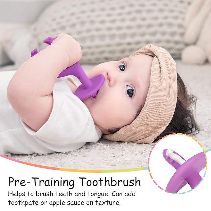Mombella Baby Teething Toys for Babies 3 6 12 Months with Attachment to Clip on, Soft Silicone Teether Toys, 2 in 1 Elephant Teethers & Pre-Training Toothbrush, 9 Month Old Infant Chew Toys, Purple