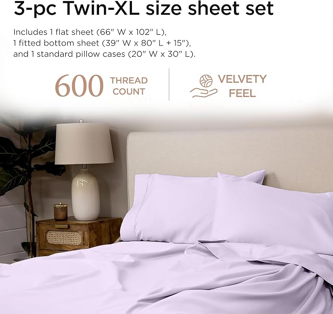 Threadmill Sheets for Twin XL Mattress | 600 Thread Count Twin XL Bed Sheets Set with 15” Deep Pocket | Sateen Weave 3-Piece Bedding Set with Cooling Effect | Lilac