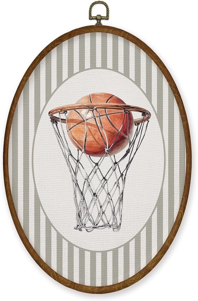 WULQYING Basketball Nursery Wall Art Decor, Sports Nursery Boys Room Oval Framed Canvas Art Prints, Neutral Striped Sport Lover Gift Wall Hanging Decor for Kids Boys Room Playroom, 8.5x11.3 Inches