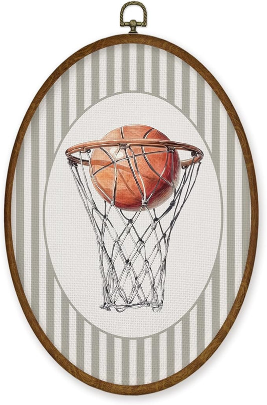 WULQYING Basketball Nursery Wall Art Decor, Sports Nursery Boys Room Oval Framed Canvas Art Prints, Neutral Striped Sport Lover Gift Wall Hanging Decor for Kids Boys Room Playroom, 8.5x11.3 Inches