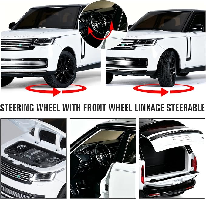 Toy Car Model 1/24 Diecast Cars Compatible with Land Rover Range Rover Off-Road SUV Model Car Kits for Adults and Boys Metal Toy Cars for Kids Age 3+ Pull Back Cars with Lights and Sounds（Black-White）