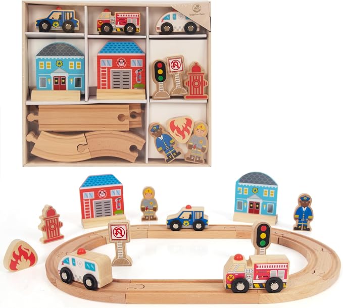 Wooden Train Set for Toddler, Wooden Tracks fits Thomas, fits Brio, fits Chuggington, fits Melissa and Doug - Expandable, Changeable Train Toy for 3 4 5 Years Old Girls & Boys (Police)