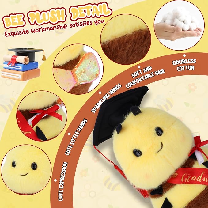 Chubby Smiling Bee Plush Toy with Doctoral Cap - Adorable Graduation - Inspired Stuffed Animal, Perfect Graduation Gift for Students (8 Inch)