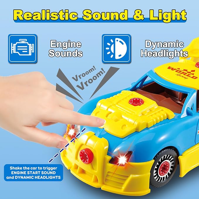 Pup Go Construction Toys for Kids 3 4 5 Years, Take Apart Toy Racing Car, 30 Pieces Building Toys with Electric Drill, Build Your Own Car, Realistic Sounds & Lights, Buildable Gifts (4 Spare Screws)