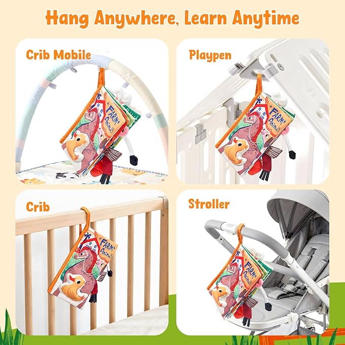 JoyCat Baby Books 0-6-12 Months - Farm Tail Tummy Time Toys - Sensory Touch & Feel Crinkle Cloth Book with Detachable Duck - Newborn Easter Basket Stuffers