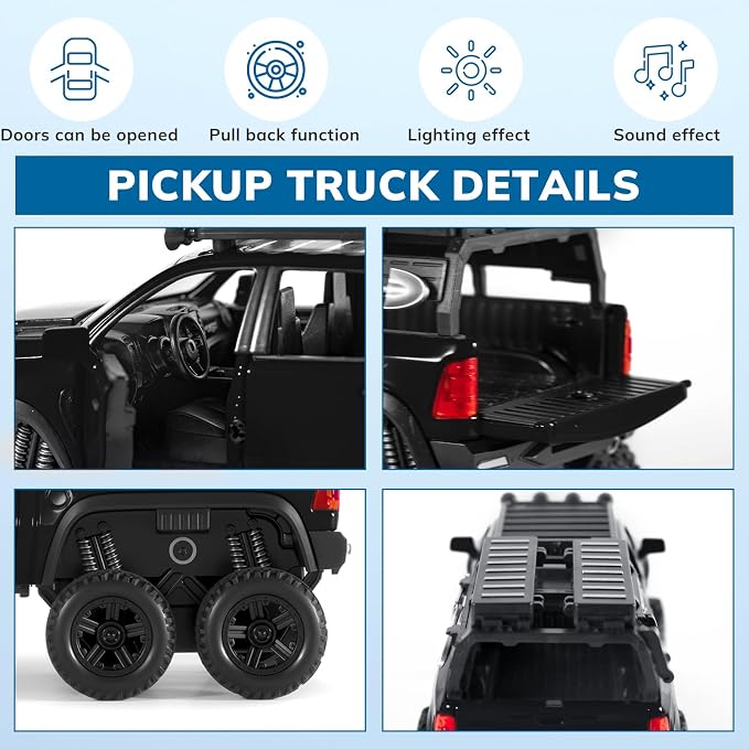 Toy Trucks for Boys 1/32 Diecast Trucks Mammoth Model Truck,Collectible Pickup Truck Model Kit,Pull Back Cars with Lights and Sounds,Toy Trucks for Boys Age 4-7（Black）