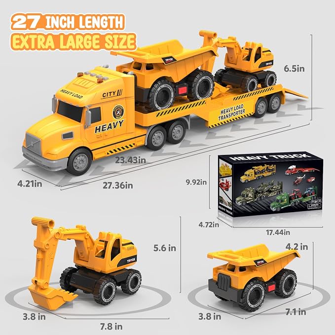 Toddler Toys for 3 4 5 6 Year Old Boys - 27" Large Semi Construction Carrier Truck Toy with Excavator and Dump Truck, 3-in-1 Friction Powered Transport Vehicle with Lights Sounds, Gifts for Boys