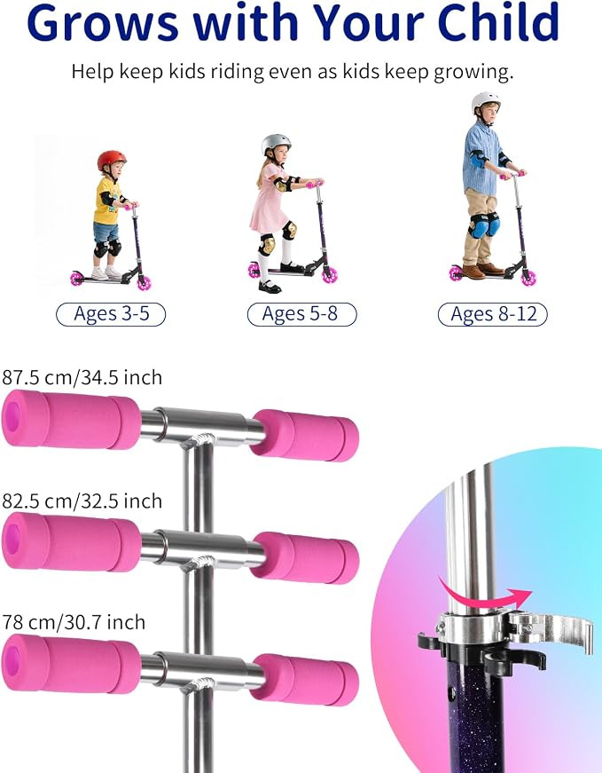 BELEEV V1 Scooters for Kids, 2 Wheel Folding Kick Scooter for Girls Boys, 3 Adjustable Height, Light Up Wheels, Lightweight Scooter with Sturdy Frame, Kickstand for Children 3 to 12 Years Old