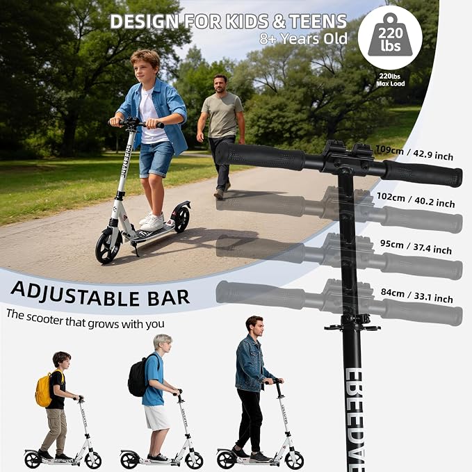 FREEDARE Kick Scooter for Kids & Adults Ages 8+, Foldable Teen Scooter with 2 Big 8-inch Wheels and 4-Level Adjustable Handlebar, Max Load 220 LBS