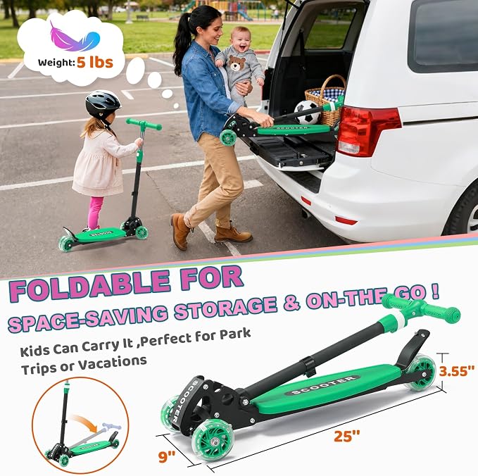 Kids Kick Scooter, Kick Scooter for Kids 2-7 Age, Light up 3 Wheels Kick Scooter, Heavy Duty Folding Lean-to-Steer Scooters with 3 Adjustable Handlebar for Boys Girls Blue