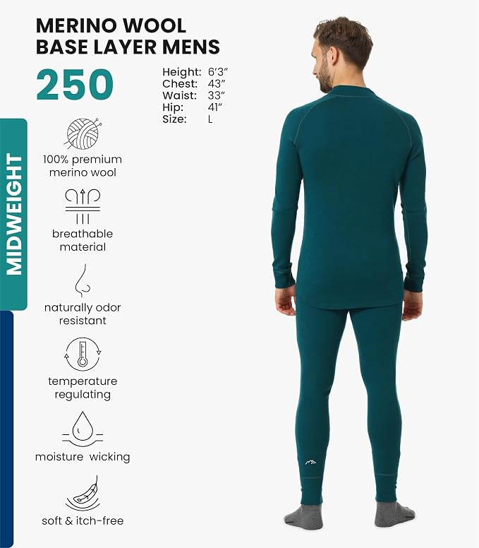 Merino.tech Merino Wool Base Layer Mens Set - Heavyweight, Midweight, Lite Merino Wool Thermal Underwear For Men Top, Bottom
