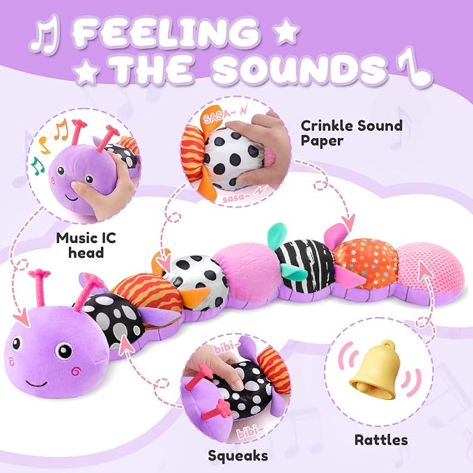 AWOTOY Baby Toys 0-6-12 Months,Musical Caterpillar Stuffed Animals Activity Infant Toys with Crinkle,Rattles,Muti-Teething Sensory Toy,Boy Girl Gifts for Newborn Tummy Time,Purple