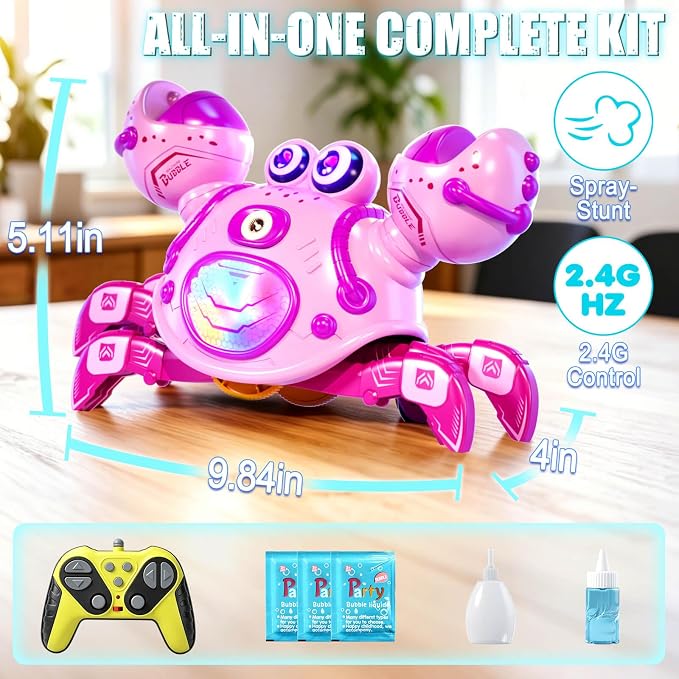 Gretex Crab Bubble Machine for Kids 3-6 Year Old: Remote Control Bubble Machine With Mist Spray Led Lights Music, AutoWalking Bubble Toy, Bubble Maker for Toddler Boys Girls Indoor Outdoor Party, Pink