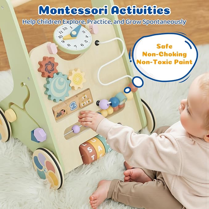 Wooden Baby Push Walker, Montessori Activity Walker for Babies 12-18 Months | Adjustable-speed wooden baby push walker with Montessori activities, storage box, and safe rubber wheels.