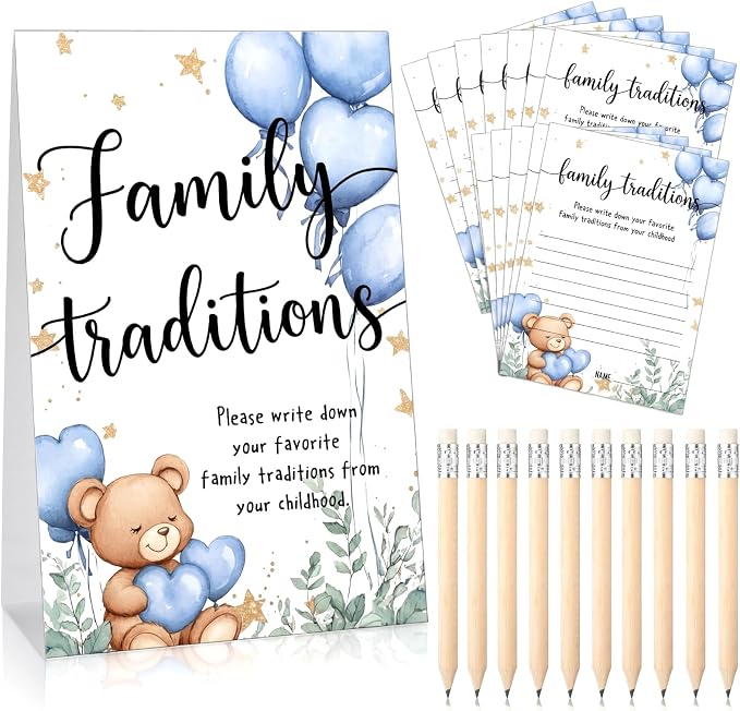 Fumete 61 Pieces Family Tradition Baby Shower Games Include 1 Family Traditions Standing Sign and 50 Activities Cards with 10 Pencils for Gender Reveal Bridal Shower Wedding(Blue,Bear)
