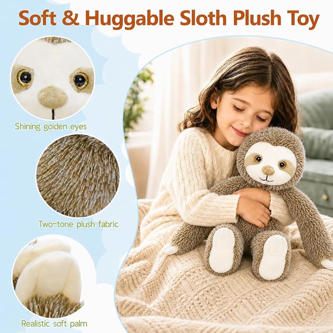 MorisMos 3Pcs Hanging Sloth Stuffed Animal, 16" Three Toed Sloth Plush Toy with Long Hands – Wearable & Huggable, Soft Cuddly Sloth Plushies for Home Decor, Christmas Birthday Gift for Kids Adults
