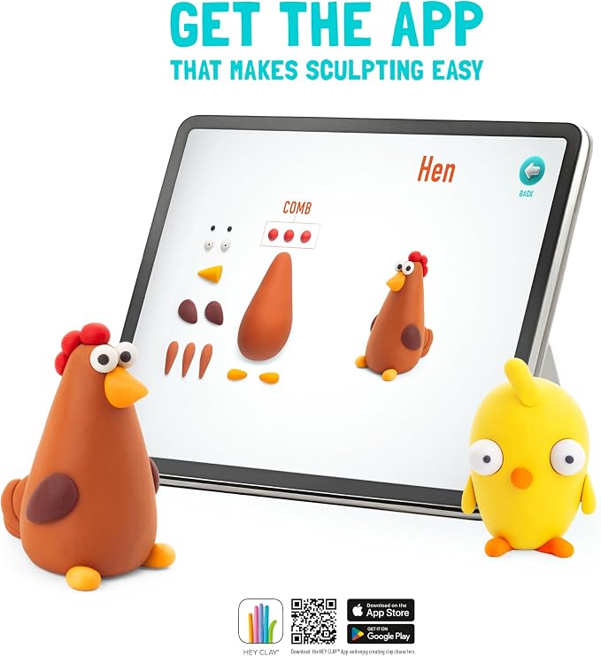 HEY CLAY Modelling Air-Dry Clay with Fun Interactive App - Non-Toxic, Non-Stick Modeling Clay Crafts Set for Kids Ages 3 to 8-3 cans (Farm Birds: Rooster)