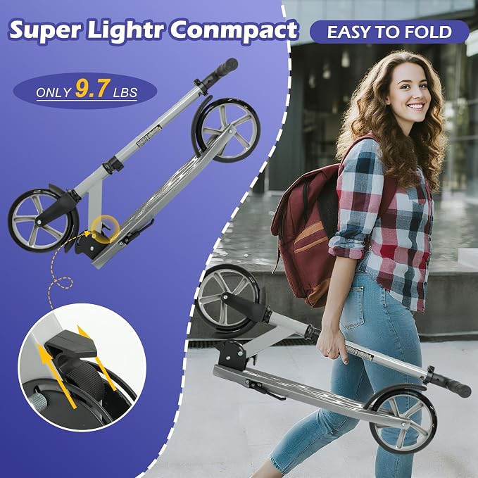 Rahmory Kick Scooter for Ages 6+,Kid, Teens & Adults. Foldable Kick Scooter for Boys with 4 Adjustable Heights, ABEC9 Bearings, Supports Up to 220 lbs.