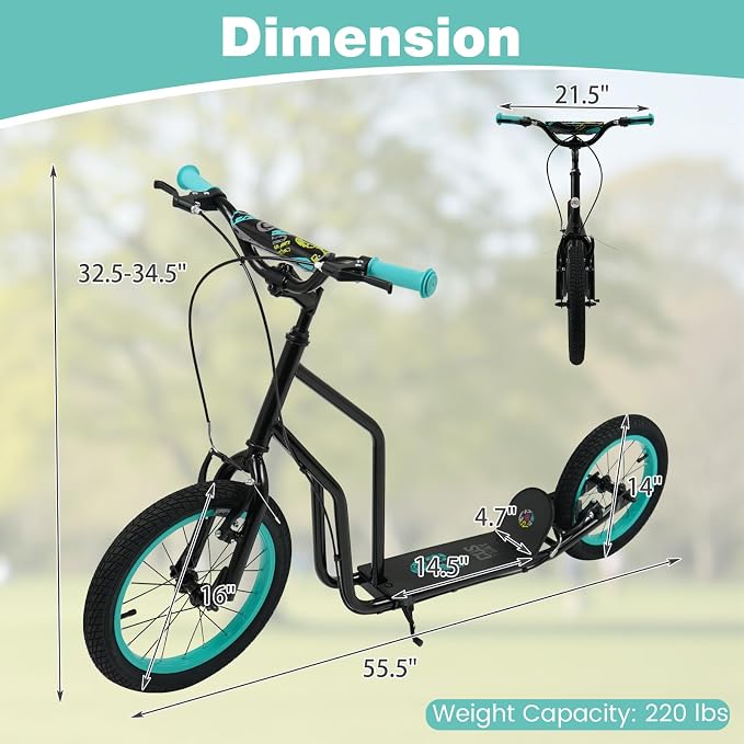 Costzon Big Wheels Kick Scooter for Kids 8+, Youth Scooter with Foldable & Height Adjustable Handlebar, Inflatable Shock Absorption Wheels, Dual Brakes for Teens, Adults, Max Load 220 LBS