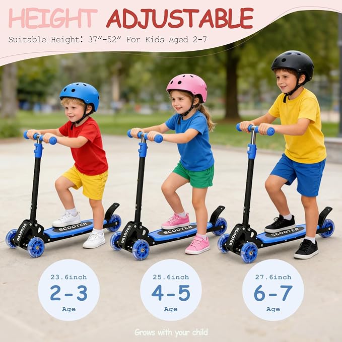Toddler Scooter, 3 Wheels for Kids 2-7 Year Old LED Lighted, Folding Lean-to-Steer Kids Scooter with 3 Adjustable Handlebar for Boys Girls, Blue