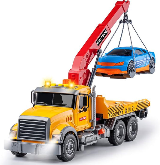 haomsj Big Tow Truck Toy with Car for 3+ Year Old Boys Friction Power Crane Transport Truck with Light Sound Toy Truck for Kids Ages 3-7 Birthday Toys for Boys (1:18 Plastic Tow Truck)