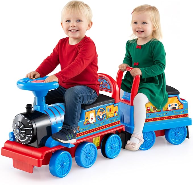 OLAKIDS 6V 2-Seater Ride on Train with Carriage, Storage, Train Whistle, Music, Lights for 18 Months+ (2 Seaters, Circus)