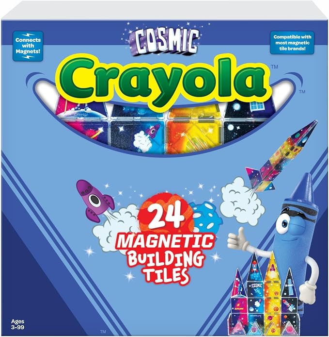 CreateOn Crayola Magnetic Tiles, Building Set for Kids, Magnetic Blocks, Travel Toys, Classroom Sensory Toys, STEM & Montessori Tools for Boys & Girls Ages 3+, 24-Piece Set (Cosmic)